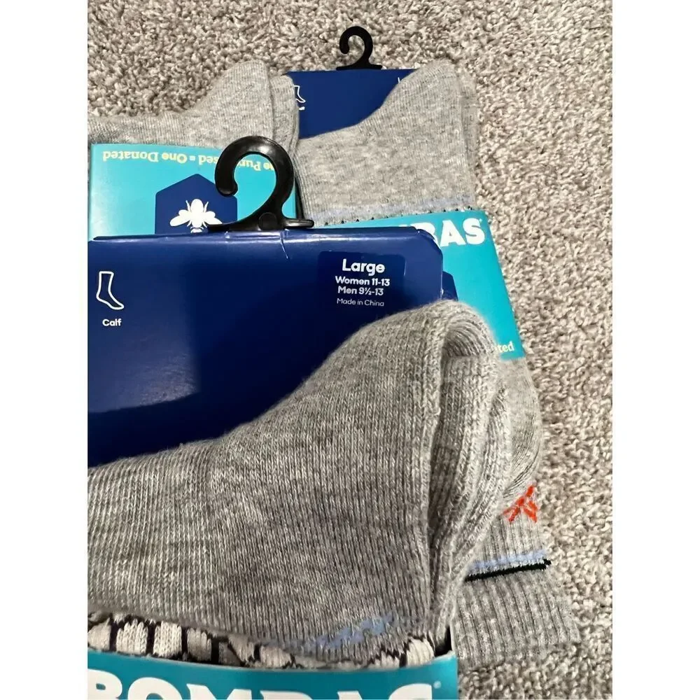 Bombas Unisex Gray Fair Isle Calf Socks Set of 3 Large Women/Men’s NWOT